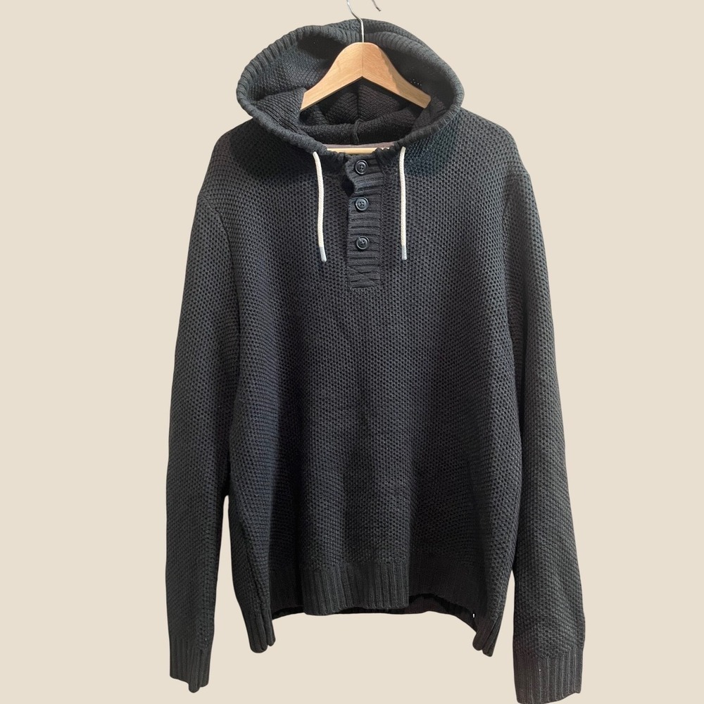 Union Waffle Knit Henley Hoodie Mens XL Forest Green Button Pullover Sweater